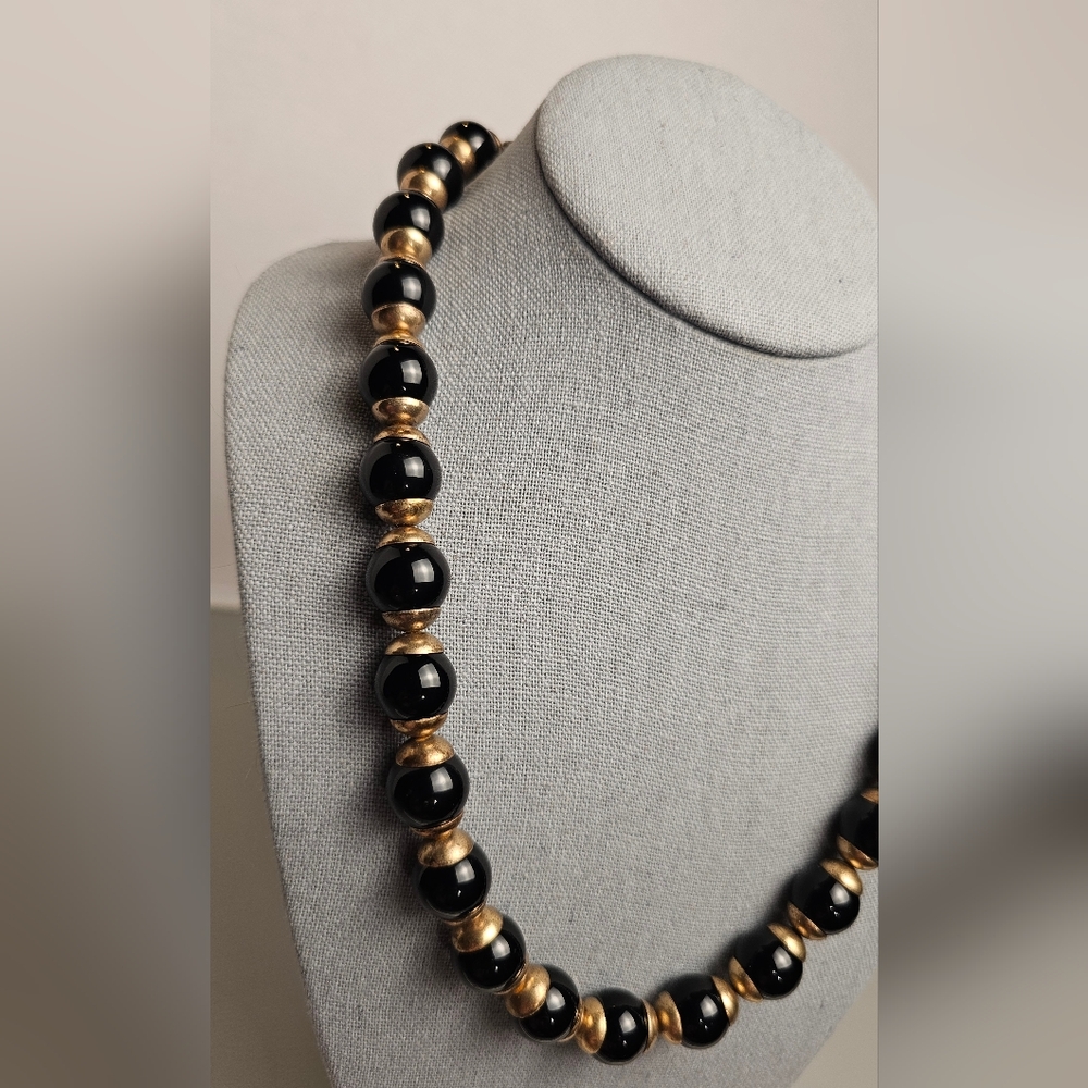 [J. CREW] Black & Gold ○● Beaded Statement Necklace with Cloth Tie - Picture 4 of 15